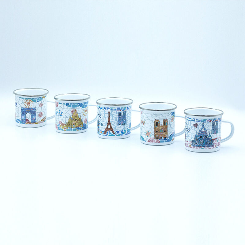 320ml Souvenir enamel mug with decal fired Dia 8.5*8.3cm 7.5cmH unique for cultural and tourism creative store