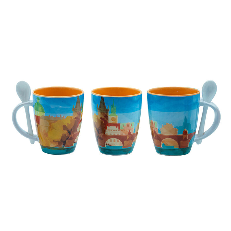 Souvenir coffee mug with decal fired and ceramic spoon commemorative significance for tourist attractions