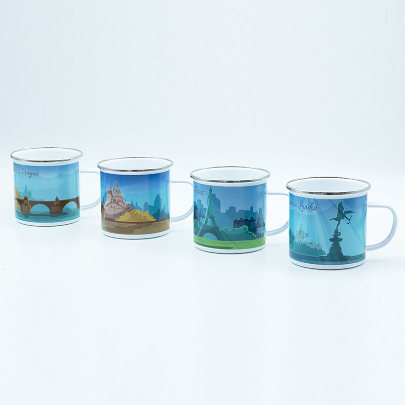 Souvenir enamel mug with decal fired Dia 9.5*8.5cm 9.2cmH 520ml unique design for tourist attractions