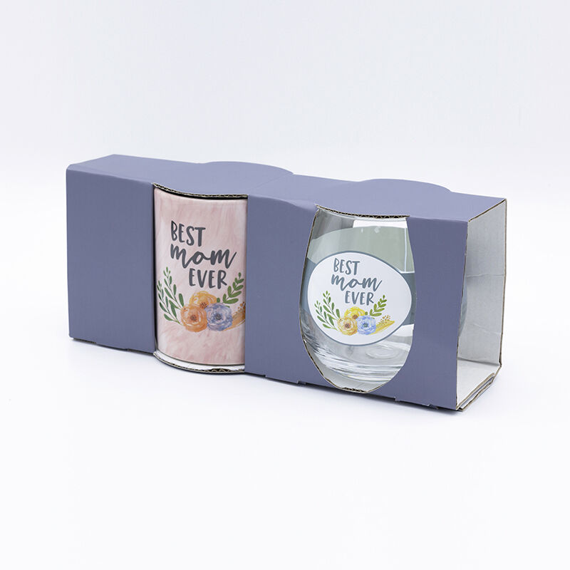 2pcs set, ceramic coffee mug and wine glass with decal fired and color box for mothers day