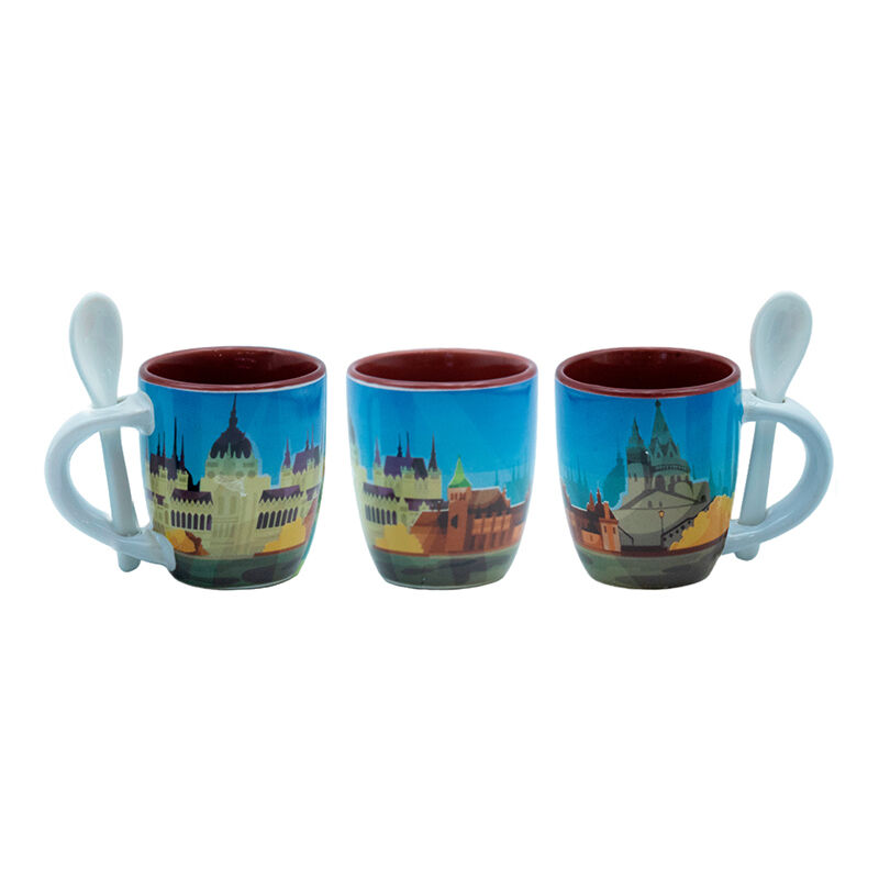 90ml Souvenir two-tone coffee mug with decal fired and ceramic spoon unique design for cultural enthusiast