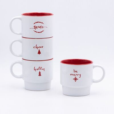 Kwaliteit 9 cm stapelbare kerstkoffiekopjes met zijdecrème voor cadeauwinkel Fabriek