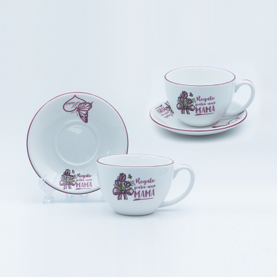 Strengthen Porcelain Cup Saucer Set 470ml 16 Oz Mug With Decal Fired And Colored Rim And Handle Line Drawing