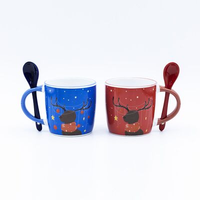 Calidad Taza de cerámica de 340 ml para Navidad con cuchara en el asa y borde colorido para la celebración del festival Fábrica