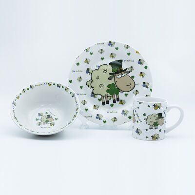 Qualité Ensemble de vaisselle irlandaise en céramique, tasse, assiette et bol en gros avec décalcomanie cuite pour magasin de cadeaux Usine