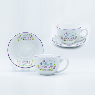 Kwaliteit Servies met opgedrukte decal, gekleurde rand en handvatlijn tekening speciaal voor Moederdag Fabriek